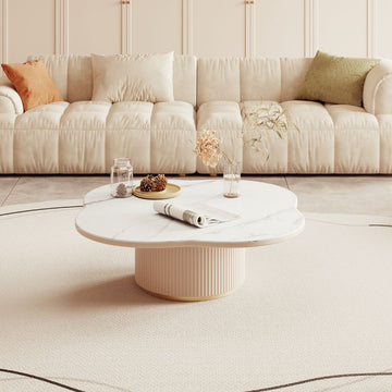 Modern Cloud-Shaped White Coffee Table with Wood Base & Sintered Stone Top